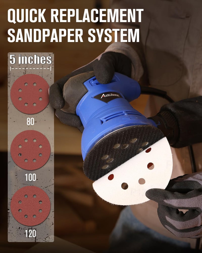AVID POWER 5 Inch Orbital Sander, 12000 RPM Electric Sander Tool, Random Orbit Sander for Woodworking, 12 Pcs Sandpapers and Dust Collection Bag - Image 5